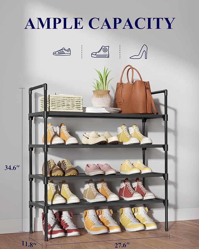 Kitsure Shoe Rack - 4-Tier Shoe Organizer, Shoe Rack for Closet, Entryway, Bedroom, Easy- Assembly Storage Shelf with Side Handles, 27.6" Wide - 4 Tiers, Black