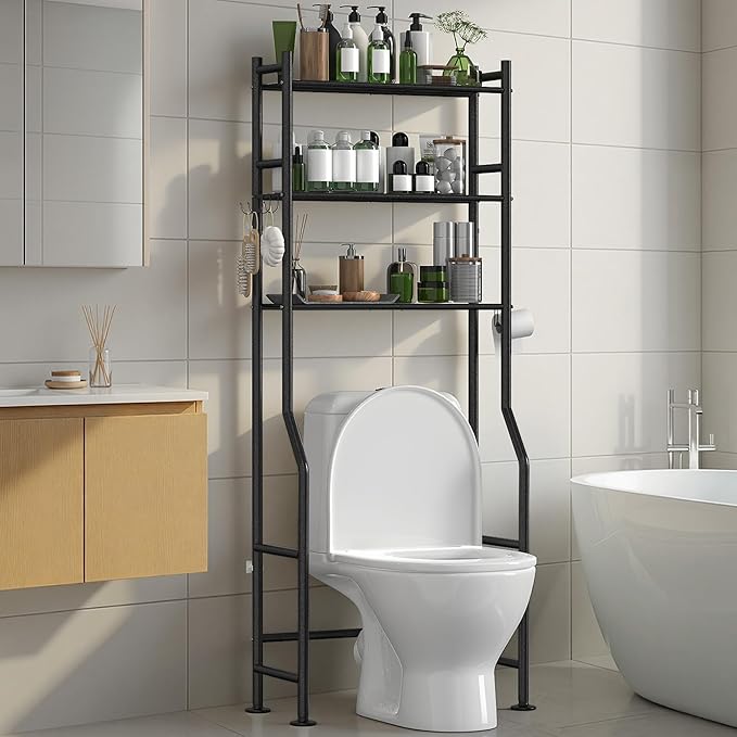 3-Tier Over The Toilet Storage Organizer, Space-Saving Bathroom Rack with Paper Holder & 4 Hooks, 64" Tall Freestanding Carbon Steel Shelf for Small Apartment Laundry Room (Black)