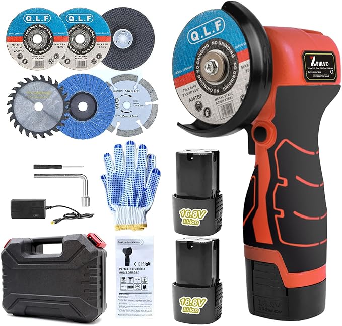 Cordless Brush Angle Grinder Kit, 19500rpm Mini Electric Angle Grinding Tool with 2pcs 16.8V 2000mAh Batteries and 5-Cutting Discs, Grinder Handheld Cutter for Metal Wood