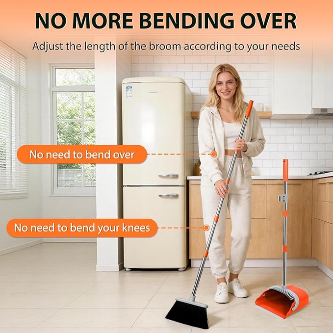 YZO Broom with Dustpan Combo Set, 54.33 Inch Long Handle Standing Design, Dustpan Front Rubber Tight Seal, Broom with 5 Layer Bristles, Suitable for Living Room, Yard, Office and Apartment (Orange)