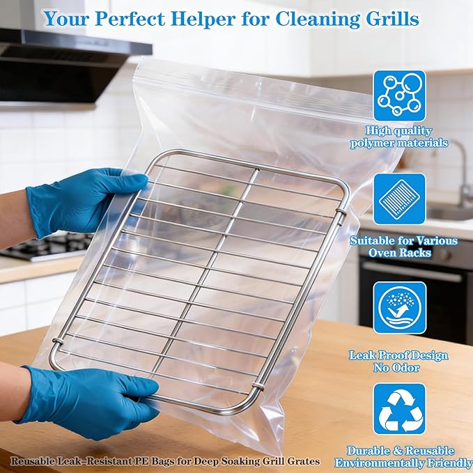 Oven Rack Cleaning Bags, Heavy Duty No Scrub Oven Rack Cleaning Bags, Reusable Leak-Resistant PE Bags for Deep Soaking Grill Grates, BBQ Racks, No Cleaner Included, 5 Pack (27.5''*19.6'')