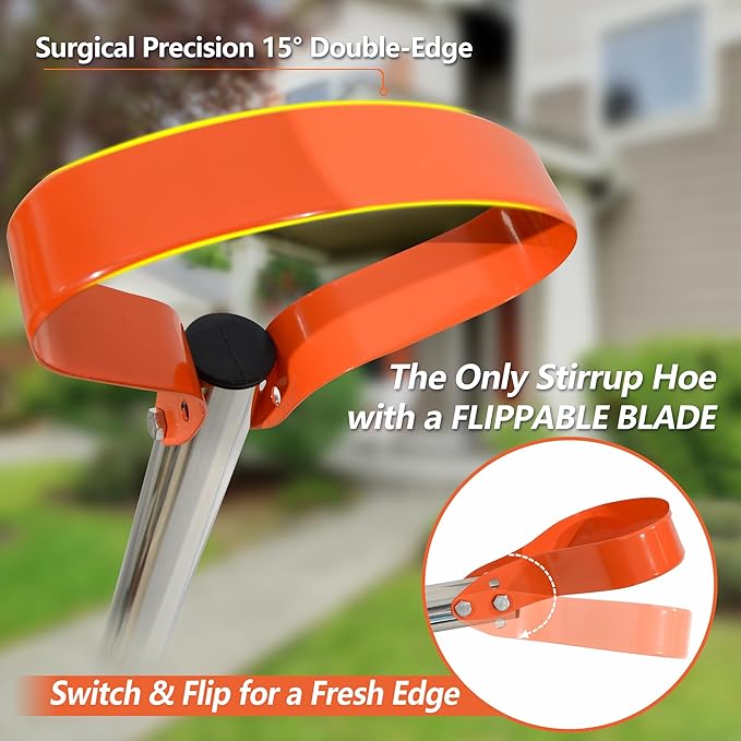 63-Inch Stirrup Hoe Garden Tool - Action Hoe with 15° Sharp Spring Steel Blade & Anti-Loosening Nut, Adjustable Long Handle Weeding Tool for Flower Beds, Yard, and Farm Weeding