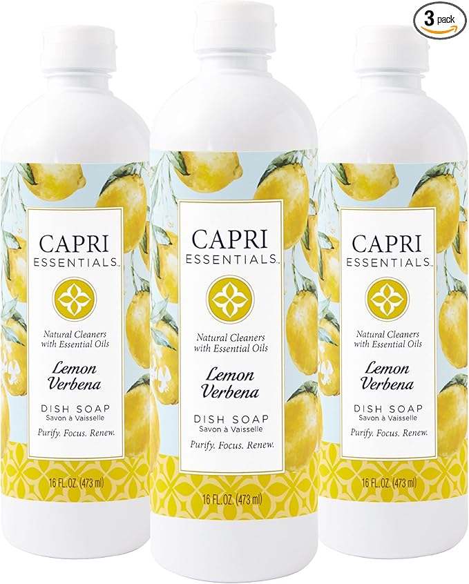 CAPRI ESSENTIALS Dish Soap Liquid, Natural Household Cleaning, Plant Based Aromatic Dish Detergent, Blend of Essential Oils with Tea Tree, Rosemary & Cedarwood, Lemon Verbena, 16 FL Oz (3 Pack)