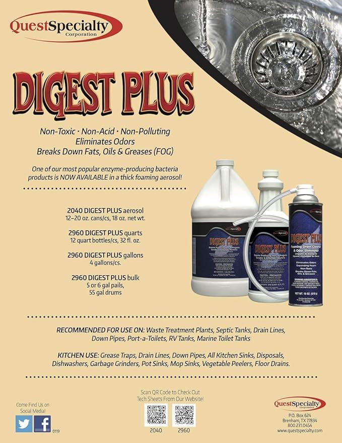 Quest Specialty DIGEST PLUS Foaming Drain Cleaner and Odor Eliminator, 3 count