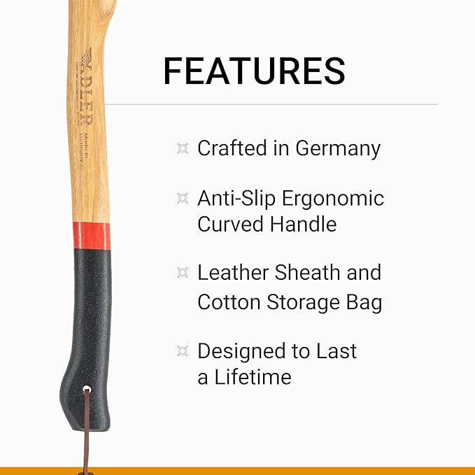 Adler Canoe Axe - German Made with a 19.5 inch Handle Coated in Anti-Slip Black Grip Paint - 1.35 Pound Head Weight