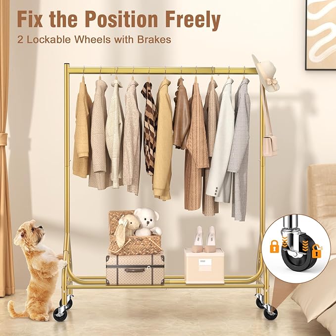 EAGMAK Heavy Duty Clothes Rack Load 420 LBS, Rolling Garment Rack with Lockable Wheels, Standing Metal Clothing Rack, Portable Wardrobe Sturdy Coat Rack for Hanging Clothes (Gold, 47.2″×18.9″×63″)