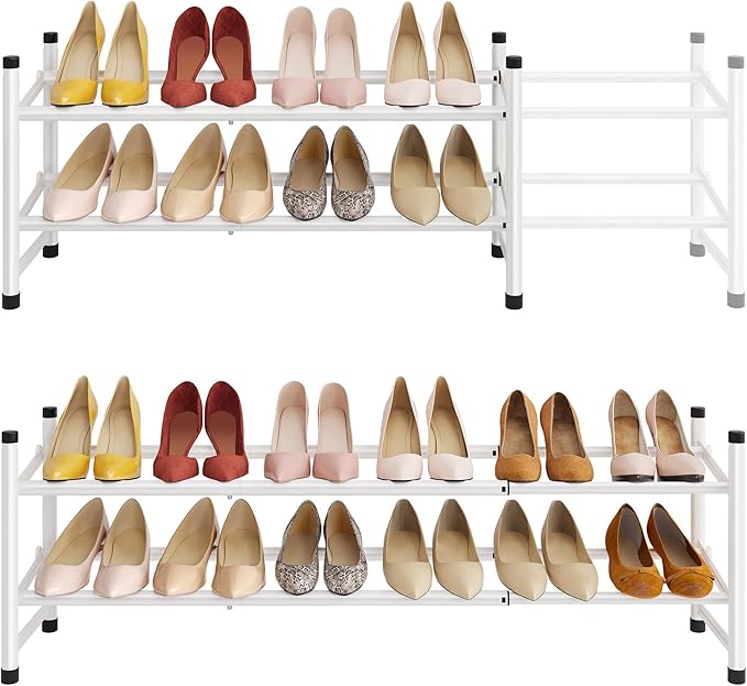 Tajsoon Expandable Shoe Rack for Closet 2 Tier, 28“-41“ Adjustable & Stackable Shoe Shelf Storage, Metal Shoe Rack Organizer for Front Door Entrance, Closet, Garage, Entryway, White