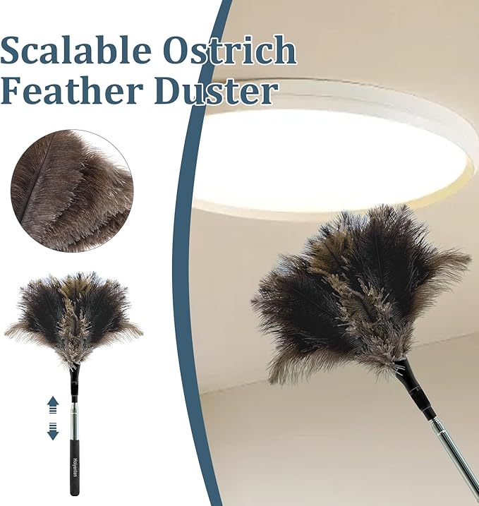 Extendable Feather Duster - 47 inches Fluffy Long Handle Reusable Feather Duster for Cleaning Ceiling Fan,Pendant lamp, High Ceiling, Blinds, Furniture，Ostrich Feather Duster