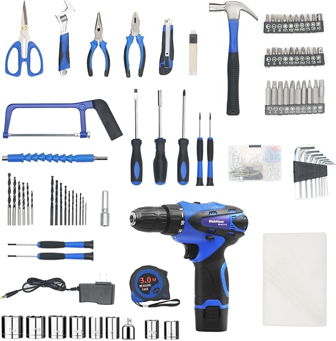 Tool Box-261-Piece Home Tool Kit with 12V Cordless Drill & Accessories | Electric Power Drill Driver Tool Set for House, Garage, Garden, Office DIY Repairs & Projects