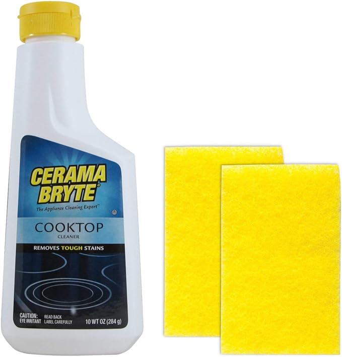 Cerama Bryte Combo Kit Pads & Removes Tough Stains Cooktop and Stove Top Cleaner for Glass - Ceramic Surfaces, 10 Ounces