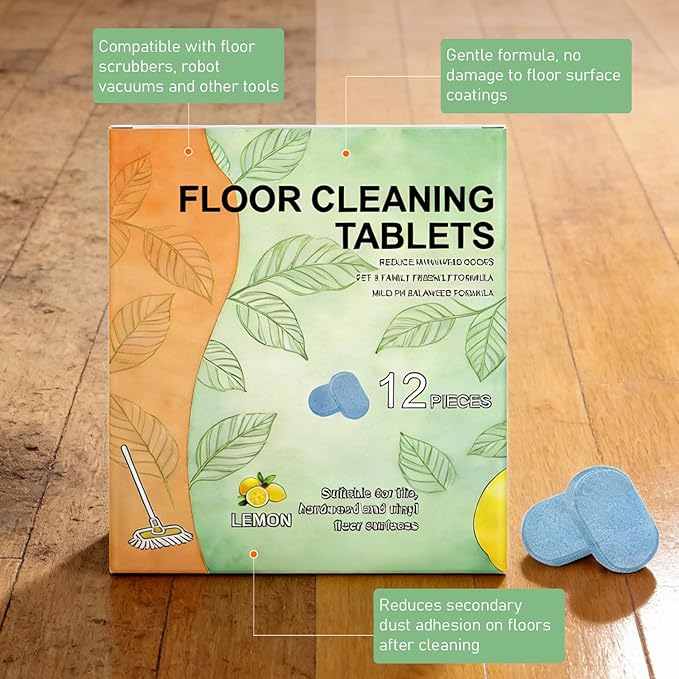 Floor Cleaner Tablets Hard Floor Cleaner Tablets, Deep Cleans for Multiple Hard Floors for Tile, Vinyl, Hardwood, Fresh Lemon Scent, Compatible with Robot Mops & Wet/Dry Vacuums(2PCS)