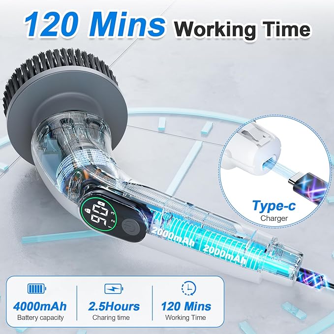 Electric Spin Scrubber, 550 RPM Cordless Home Cleaning Brush with Extended Handle, 3 Speeds, 8 Replacement Heads, IPX7 Waterproof, LCD Display – Power Shower Scrubber for Bathroom, Tub, Floor, Tile