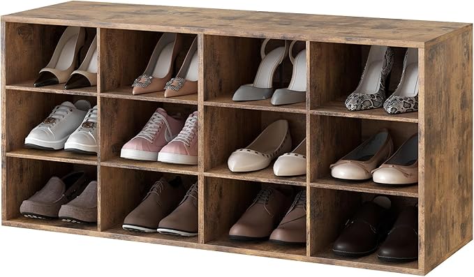 Garden 4 you Shoe Storage Bench, Cubby Shoe Rack with 12 Cubbies, 3-Tier Wood Shoe Rack Organizer, Shoe Organizer Cabinet for Entryway, Hallway, Closet and Garage, Brown