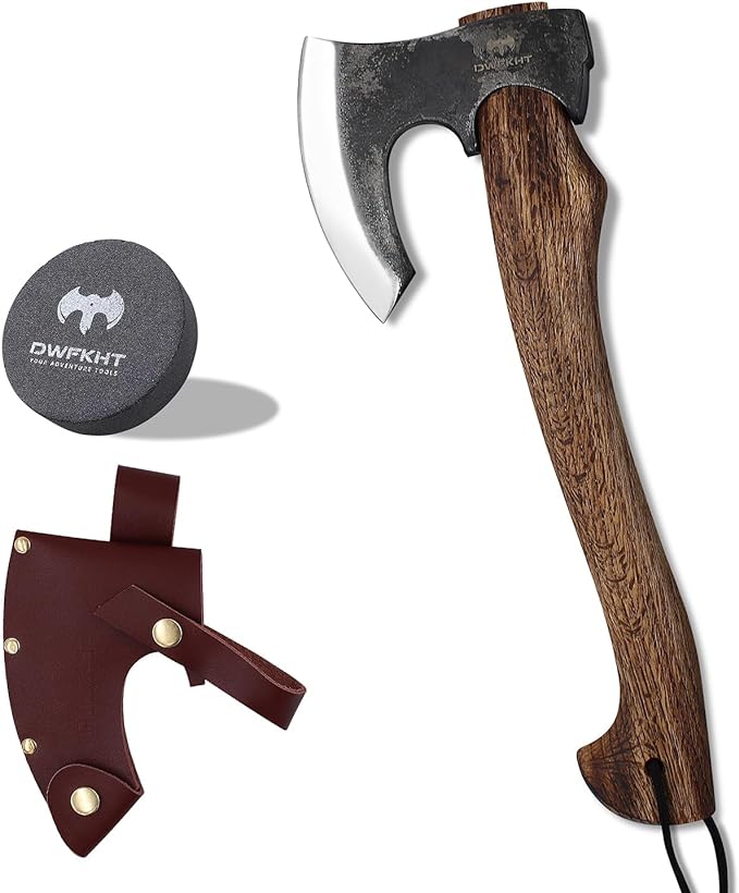 Hatchet, 15.7" Camping Axe with Leather Sheath, Bushcraft Axe with 1065 Carbon Steel & Beech Handle, Survival Hatchet for Wood Splitting and Chopping - Perfect for Gardening and Outdoor
