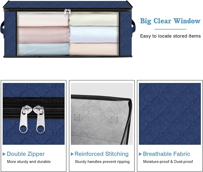 HomeHacks Storage 8-Pack Clothes Organizer Storage Bags Foldable Storage Box with Large Clear Window Sturdy Handles for Closet, Dorm, Pillows, Bedding, Clothes, Blankets, 35L, Blue