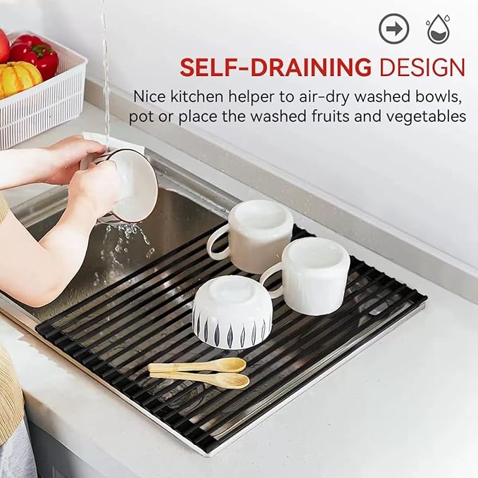 MERRYBOX Roll Up Over The Sink Dish Drying Rack Silicone Wrapped Foldable, Heat-Resistant, Anti-Slip Sink Rack Multipurpose Dish Drainer for Kitchen Sink Counter - Black, 17.5" x 11"