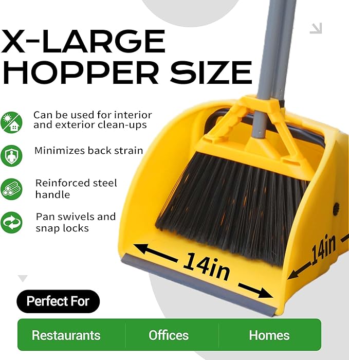 Commercial Broom and Dustpan Set Debris Dustpan with Handle,Jumbo Debris Pan, Trash Collection for Industrial/Professional Cleaning,2Sets, Yellow,Extra-Large Size