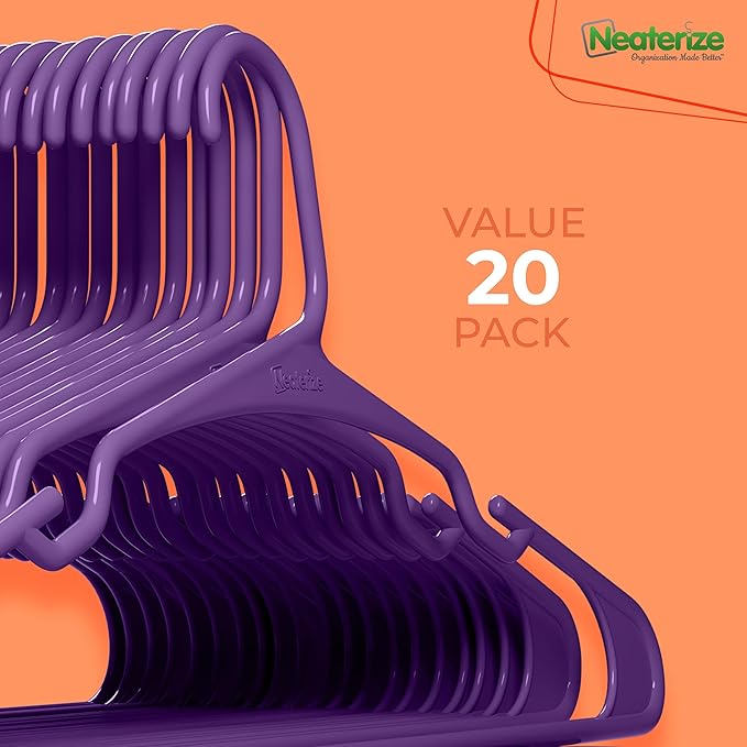 NEATERIZE Clothes Hangers Plastic 20 Pack For Adults - Plastic Hangers, The Perfect Coat Hanger and Space Saving Clothes Hangers for Closet, Percheros Ganchos para Colgar Ropa Hangars - Purple Hangers