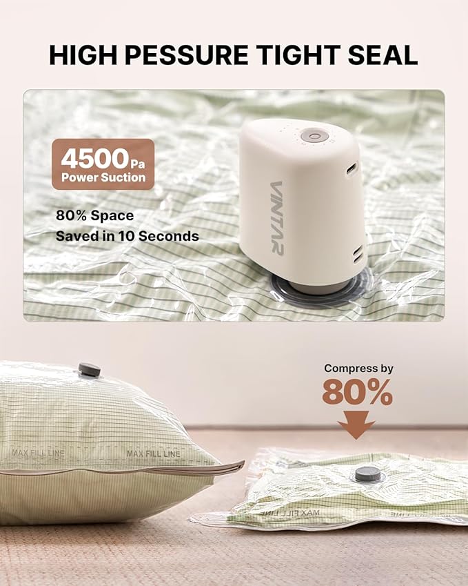 Vacuum Seal Bags for Clothing Travel with Rechargeable Cordless Pump, VINTAR 20 Pack Space Saver Vacuum Storage Bags, Travel Vacuum Compression Bags Set for Luggage Clothes Bedding Blanket