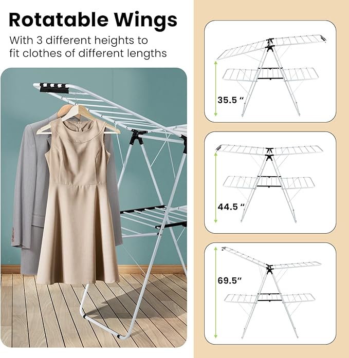 COSTWAY Clothes Drying Rack, Foldable 2 Tier Clothing Rack with Height-Adjustable Wings, 33 Drying Rails & Sock Clips, Portable Space Saving Laundry Drying Rack for Apartment, RV, Indoor & Outdoor Use