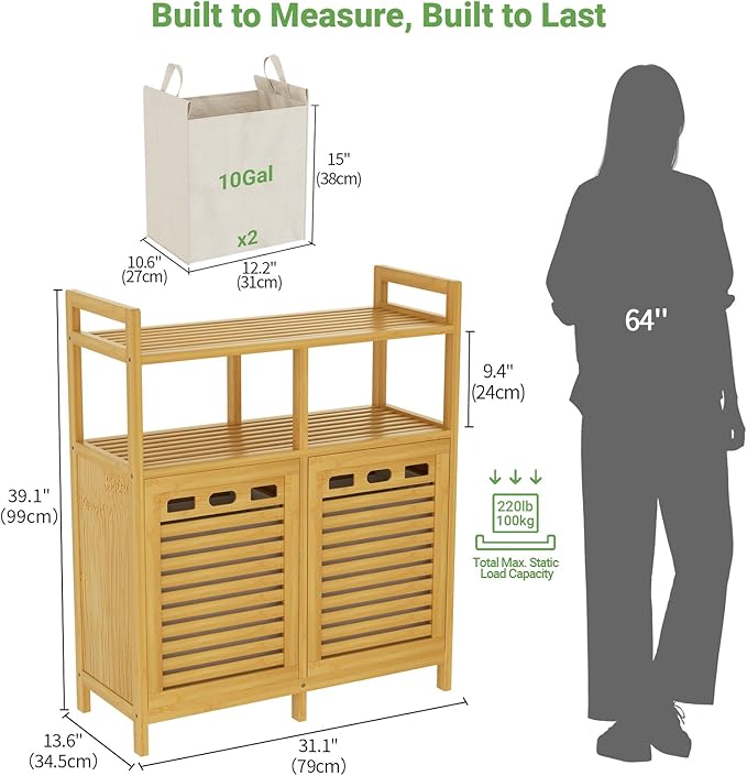 Homykic Tilt Out Laundry Hamper Cabinet, Bamboo Double Laundry Hamper with 2 Removable Laundry Baskets, 20 Gal Laundry Sorter Organizer with Shelf for Dirty Clothes, Bathroom, Laundry Room, Natural