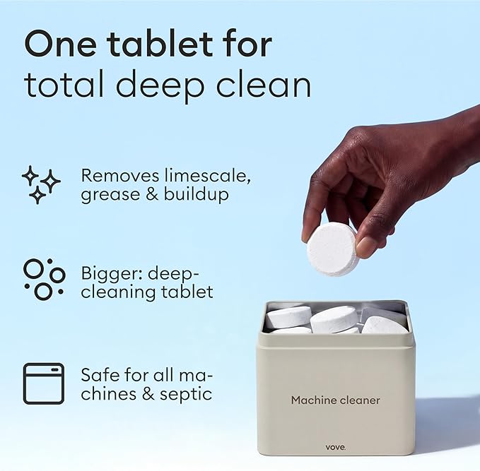 Vove Dishwasher Cleaner Tablet Starter Set, 12 Count with Reusable Storage Tin - Deep Clean Descaler for Hard Water, Limescale and Odor - Enzyme and Oxygen-Powered, Plant-Based Formula