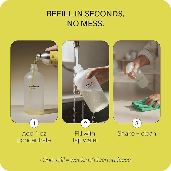 Everneat Probiotic Surface Cleaner – Cleans for Days, Refillable, Non-Toxic | Glass Spray Bottle | Rosemary, Lemongrass, Lemon EO | 1 oz Concentrate (Just Add Water)
