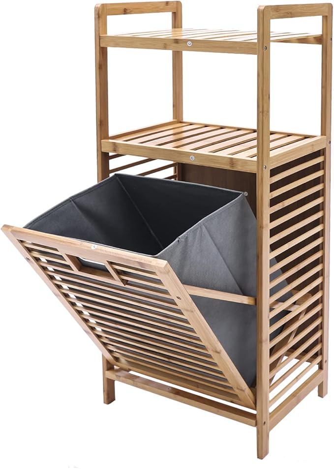3-Tier Organizer Storage Shelf with Bamboo Frame and Pull Out Fabric Baskets Storage Drawers Unit,Laundry Towel Hamper Cabinet Tower Three Part Compartment Sorter Basket (2-Tier,Style 1)