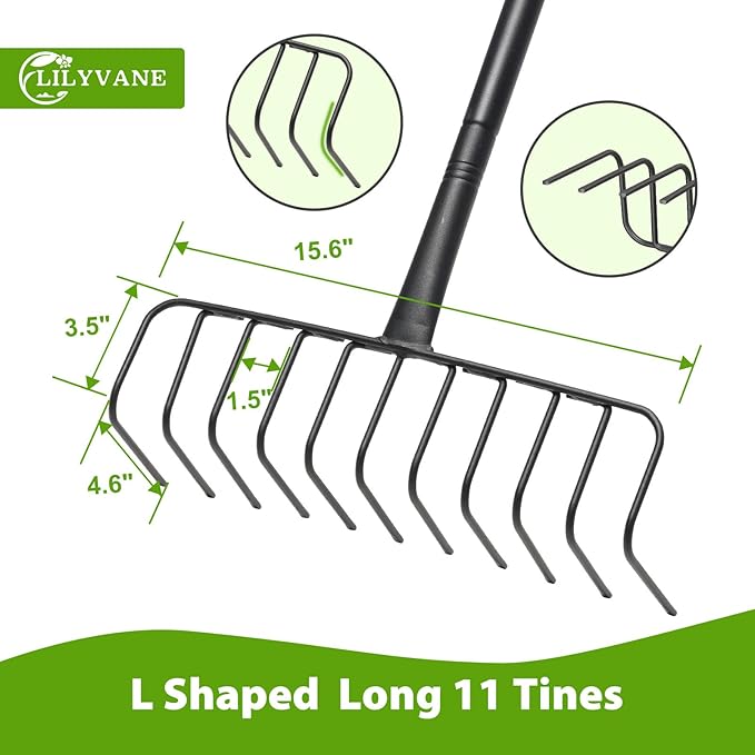 Garden Rake, Heavy Duty Rake with 11 Tines, 51 Inch Handle, 16 Inch Wide, Metal Garden Thatch Leaf Rakes for Raking Gathering Mulch,Metal Thatch Rakes for Lawn Yard Bushes Pine Needles Leaves Grass
