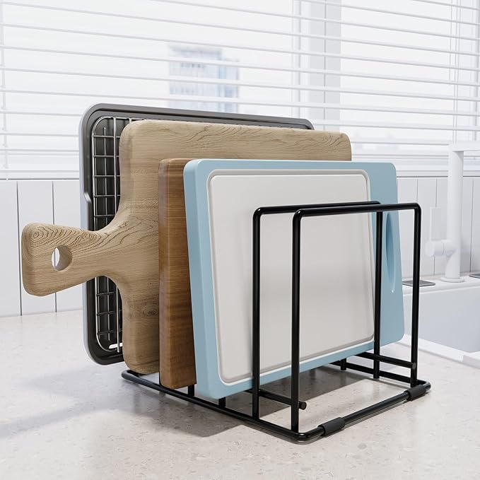 AKSONMN Baking Sheet Organizer Rack – 5-Slot Bakeware & Cookie Tray Holder for Kitchen Cabinet or Countertop, Stainless Steel Cutting Board Rack with Rust-Resistant Frame & Anti-Slip Feet