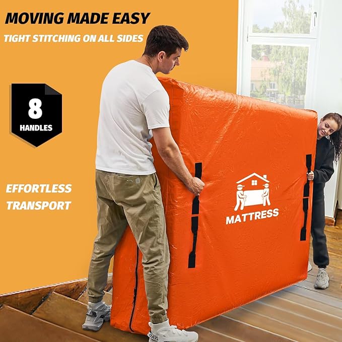 Mattress Bags for Moving, BETU Mattress Protector Waterproof Mattress Cover Queen Size Storage Bags with 8 Heavy-Duty Handles and Zipper for Bed Extra Thick Large Reusable (82"x62"x15" Orange)