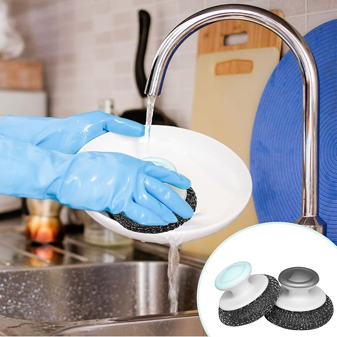 2Pcs Stainless Steel Wool Scrubber with Handle, Heavy Duty Pot Scrubbers Dish Scrubber Cleaning Brush Wash for Dish, Stainless Steel Scrubbing Brushes Cleaning Supplies for Pots, Pans, Grills, Sink