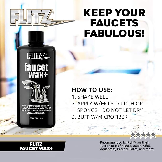 Flitz Faucet Wax Plus - 7.6oz Bottle of USA-Made, Water-Based Faucet Cleaner & Polisher for Water Stains, Fingerprints, & More - Metal Wax for Bronze, Nickel, Chrome, Brass - Granite Polish (1 Pack)