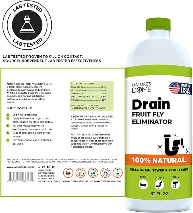 Nature’s Dome Drain Fly Killer Gel | Kills & Prevents Drain Flies & Fruit Flies | Natural Plant-Based Fly Killer Treatment Indoor for Sinks & Pipes | Safe for Septic Systems | 32 Oz