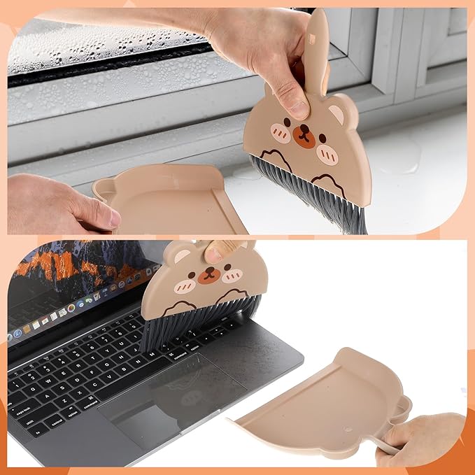 Ouligay Portable Hand Broom and Dustpan Set,Cute Mini Broom and Dustpan Set with Durable Brush,Lightweight Small Dust Pan and Broom Set for Desktop Cleaning Small Space Cleaning(Brown Bear)
