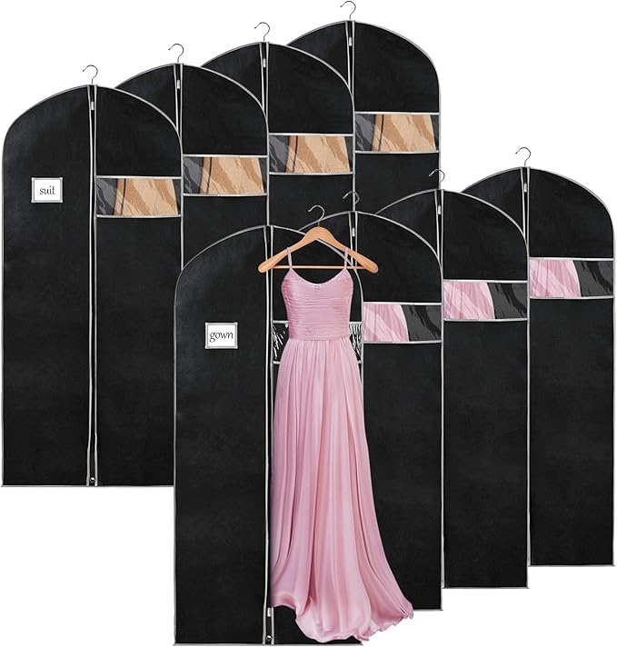 Syeeiex 60'' Dress Bags for Gowns, Set of 8 Garment Bags for Hanging Clothes, Dress Garment Bag, Dustproof and Keep Closet Tidy,Perfect for Suits,Evening Dresses,Fur Coat,Long Dress Gown(Black&Grey)