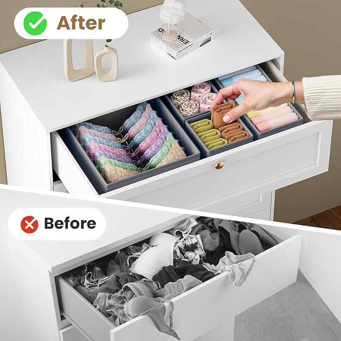 TasticTotes Drawer Organizer Clothes, 16 Pack Drawer Organizers and Underwear Organizer for Nursery, Dividers Clothes Organizer, Closet Organization and Foldable Storage Bins for Socks, Bra, Tie, Grey