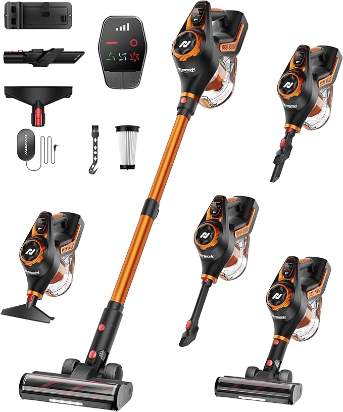 Nvriow Cordless Vacuum Cleaner for Home, 45Kpa Stick Vacuum, Max 80mins Runtime, 1.5L Dust Cup, Rechargeable Lightweight Handheld Vacuum for Carpet/Hardwood Floor/Pet Hair/Car (Sunset Orange)
