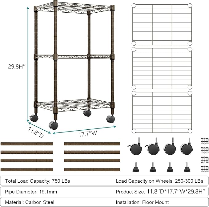 M MZG 3 Tier Shelf Metal Storage Shelves Wire Rack Closet Organizers with Wheel for Garage Kitchen Bathroom Laundry Brown 11.8" D x 17.7" W x 29.8" H