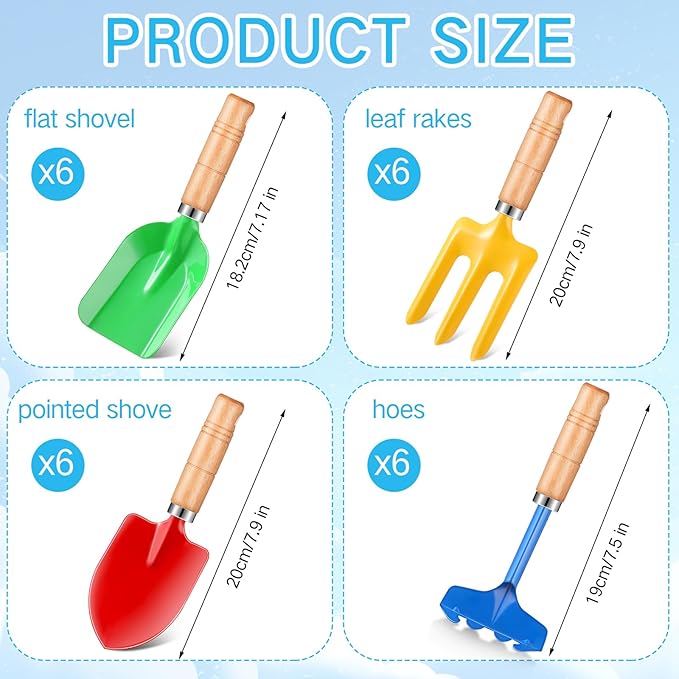 8" Kids Gardening Tools, Metal Beach Sandbox Digging Toys with Wooden Handle, Including Shovel, Rake, Fork and Trowel, Garden Sand Snow Tools for Children Gift Outdoor Gardening(24 Pcs)