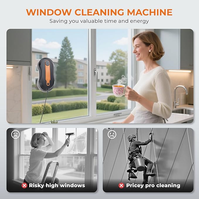 FRUITEAM Window Cleaning Robot with Dual Water Spray, APP and Remote Control, Automatic Window Cleaner with Leather Belt for Frame Glass, Triple Safety System, Smart Path Detection