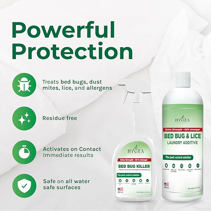 Hygea Natural Bed Bug & Lice Extra Strength Elimination Duo - Includes 24 oz Lice & Bed Bug Spray & 32 oz Laundry Additive - environmentally responsible Formula - Pest Control for Home & Travel