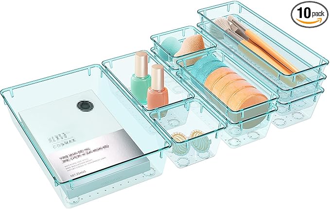 StorMiracle 10 PCS Drawer Organizer Set, 4 Varied Size Bathroom and kitchen Drawer cabinet organizer Trays, Clear Storage Bins for Makeup, Jewelry, Utensils and Gadgets