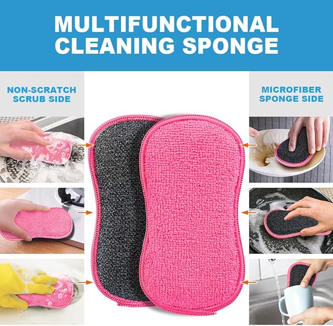 HOMEXCEL 12 Pack Multi-Purpose Scrub Sponges Kitchen Dish Sponge Non-Scratch Microfiber Sponge for Efficiently Cleaning Dishes Pots Pans Pink