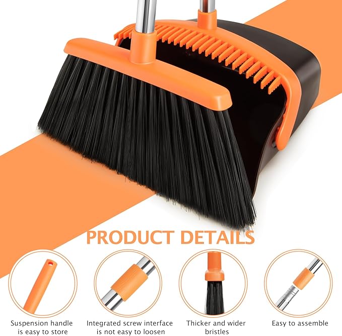 2-Pack Broom and Dustpan Set with Long Handle, Heavy Dust Broom and Dustpan Combo for Home，Kitchen, Office, Pet Hair (Brown Orange)