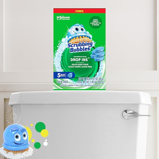 Scrubbing Bubbles Continuous Clean Toilet Drop-Ins, Automatic Blue Toilet Bowl Cleaner, Septic-Safe Tank Tablets Remove Hard Water Minerals & Limescale, Stain & Smell Protection, 5 Count (Pack of 1)
