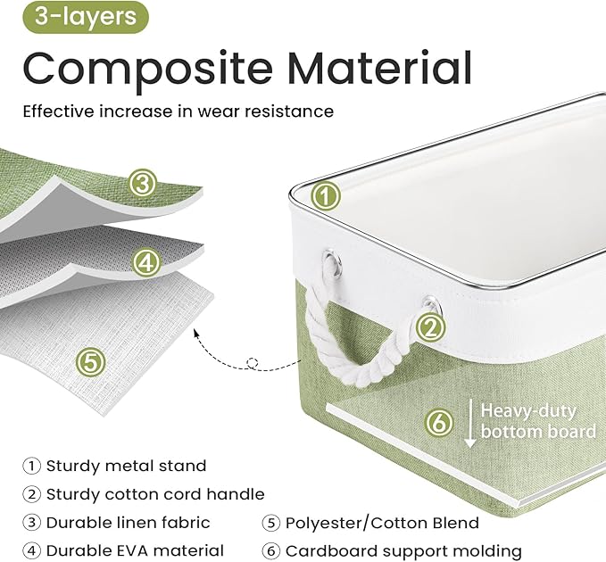 Storage Baskets for Shelves 13.8x9.8x6.7 Inch-Foldable Fabric Organizing Storage Bins with Handles, Closet & Bathroom Organizer, Home Storage for Kitchen, Office (6-Pack, White&Green )