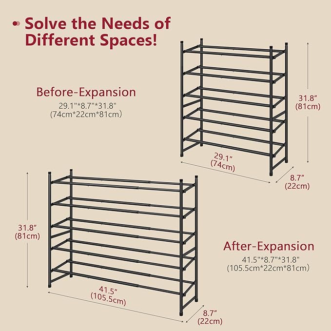 Tajsoon Expandable Shoe Rack for Closet 5 Tier, 29“-41“Adjustable & Stackable Shoe Shelf Storage, Metal Shoe Rack Organizer for Front Door Entrance, Closet, Garage, Entryway, Black