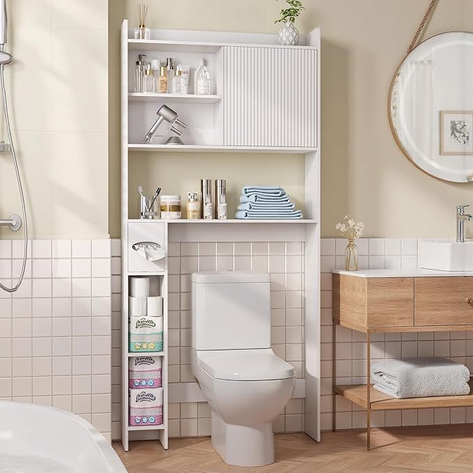 Over The Toilet Storage Cabinet with Sliding Door, 31.5" W Over Toilet Bathroom Organizer with Adjustable Shelves & Toilet Paper Holder, Space Saver Cabinet for Bathroom, White