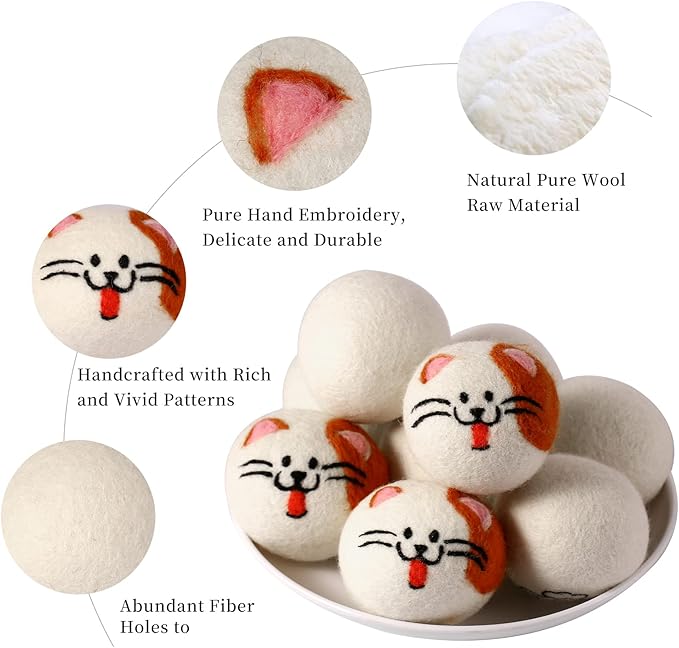 Dryer Balls Laundry Reusable - XL Wool Dryer Balls - Handmade Cute, Extra Large Dryer Balls, Shorten Drying Time, Organic Wool - Dry 1000+ Loads (3 Pack Cat Shape)